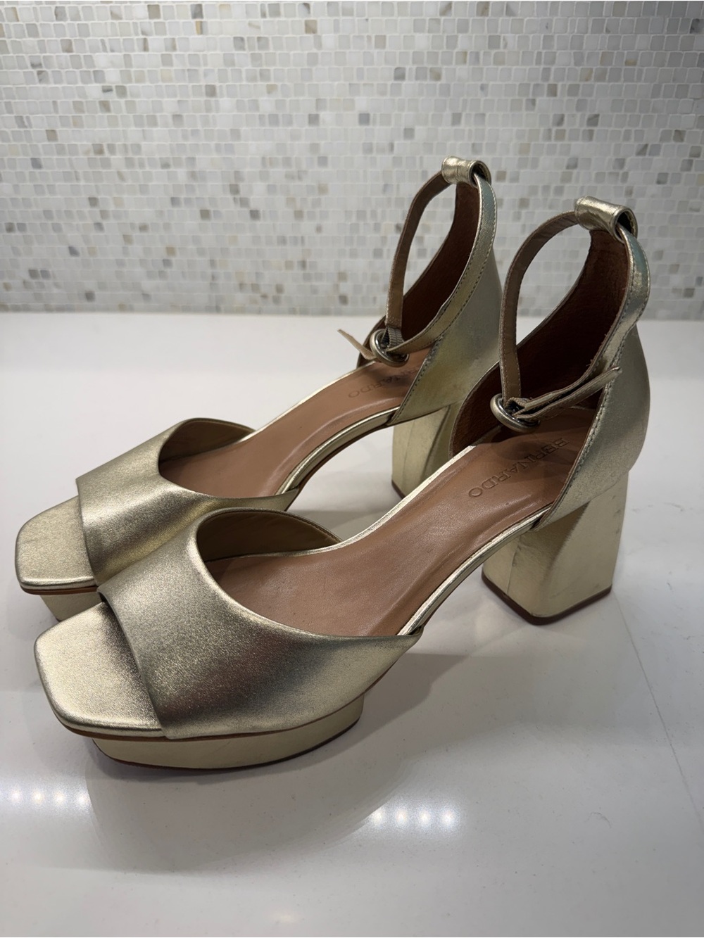Bernardo Raleigh Gold Ankle-Strap Block Heel Sandals - Picture 4 of 6